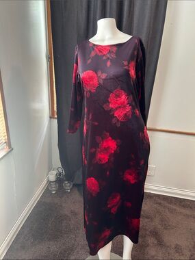 Talbots Kids Stretch Elegant Red Floral Midi Dress